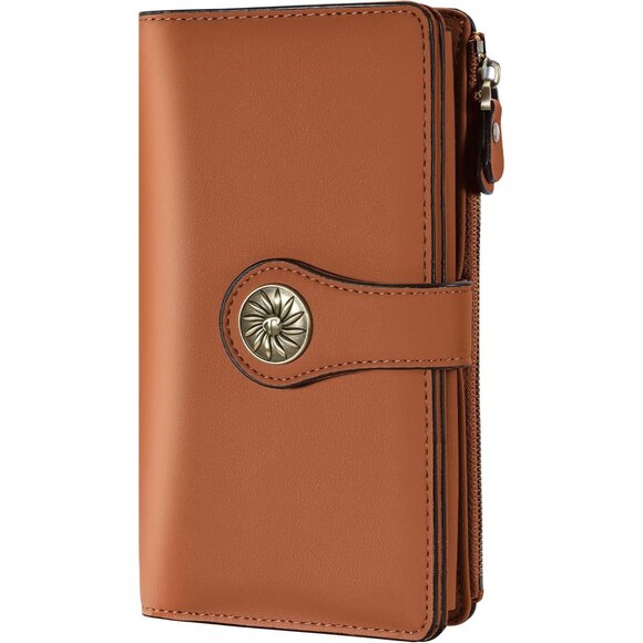 New Luxury Waxed Leather RFID Wallet for Women Large Capacity Clutch - Tan - Picture 8 of 9